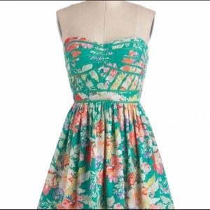 ModCloth Sunny Girl Green Floral Strapless Dress